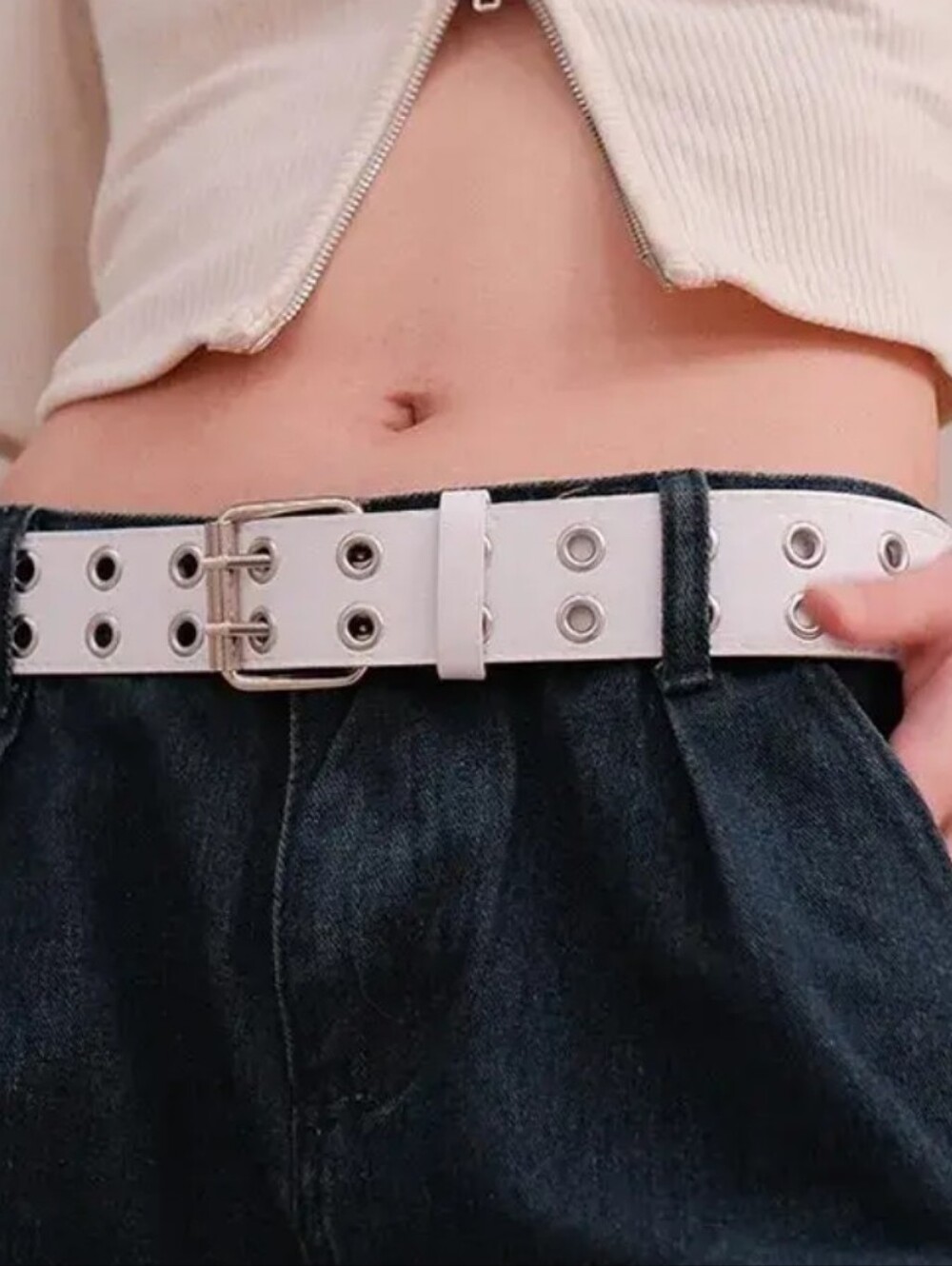 43",White Double-Prong Grommet Waist Belt - Women Accessories